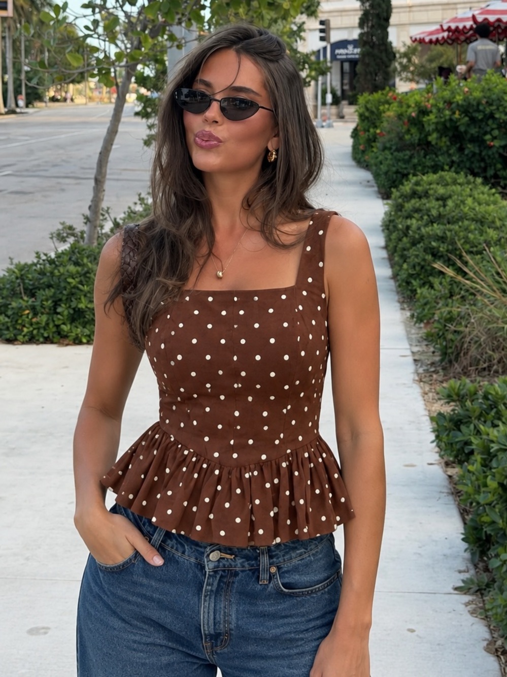 Avec Les Filles Brown Polka Dot Linen Peplum Corset Top NWT XS